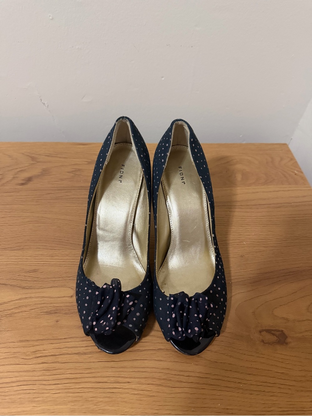FIONI Navy Peep-Toe Pumps with Pink Polka Dots